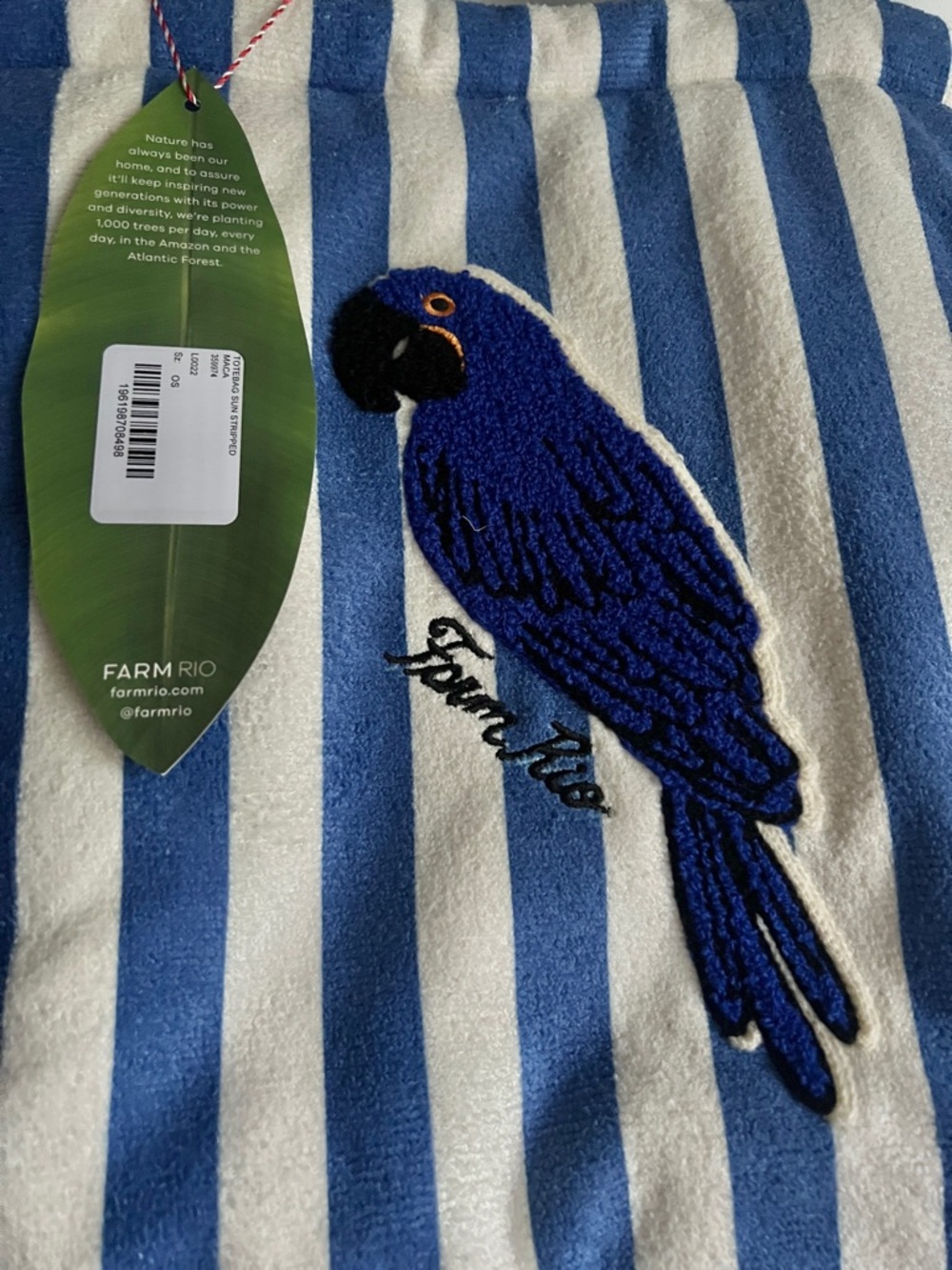 FARM Rio Blue Stripped Macaw Embroidered Terrycloth Cotton Tote Bag NWT - Picture 4 of 7